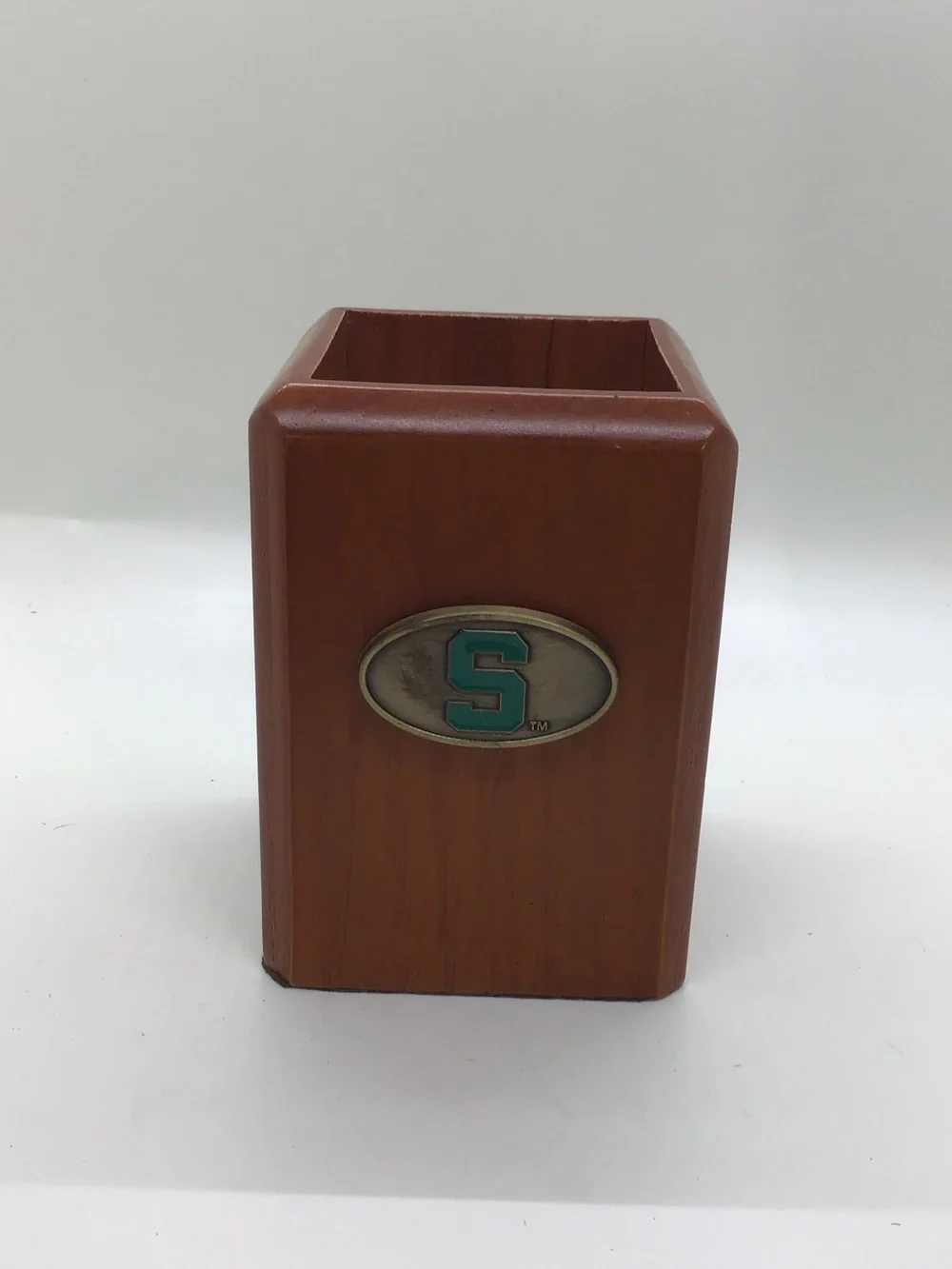 Source Unknown Brown Wooden Michigan State Pencil Cup